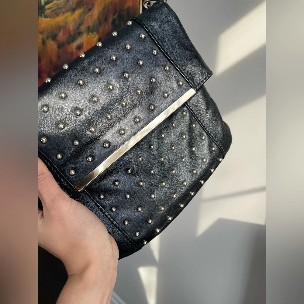 Danier | Black Studded Leather HandBag, Silver Strip Detail, Magnet Closure - Picture 7 of 14